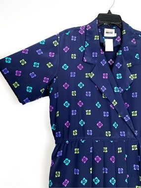 Vintage Leslie Fay shirtwaist dress, navy & teal purple green floral size 16P